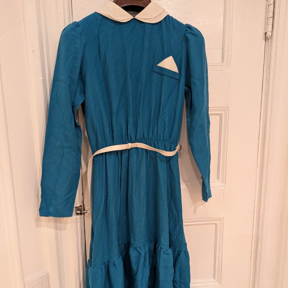 Women's Vintage White Belt Blue Dress Long Sleeves